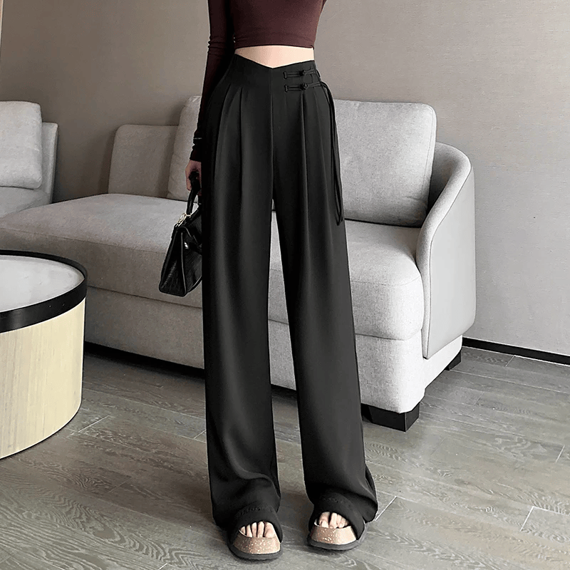 High Waisted Button Side Pocket Wide Leg Waffle Casual Pants