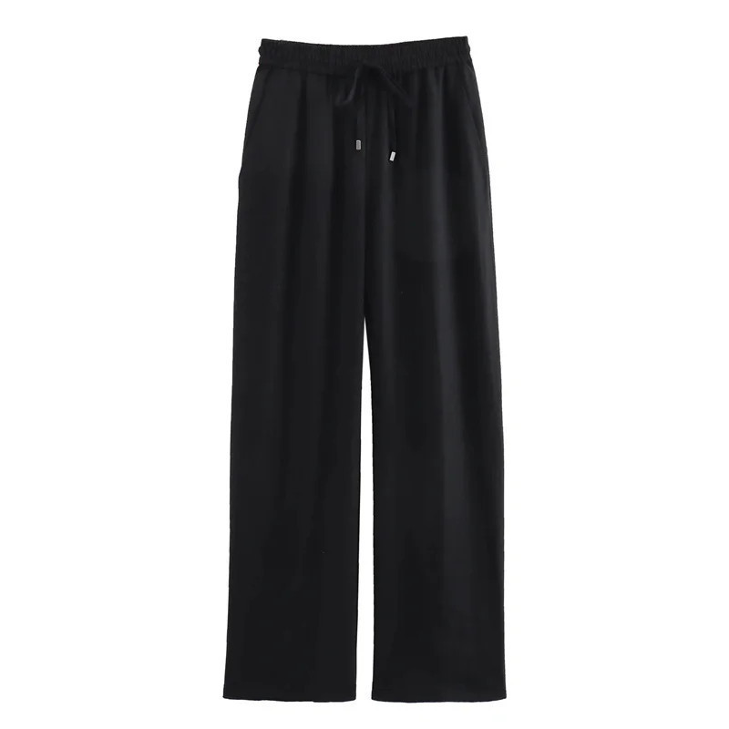 High Waisted Drawstring Side Pocket Wide Leg Casual Linen-feel Pants