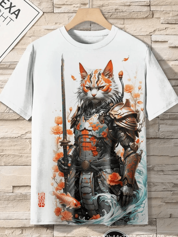 Men's Retro Handsome Samurai Cat Art Painting Print Short Sleeve T-Shirt