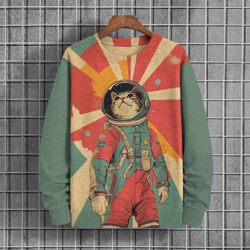 Men's Black Cat Astronaut Color Block Art Print Knit Crew Neck Sweater