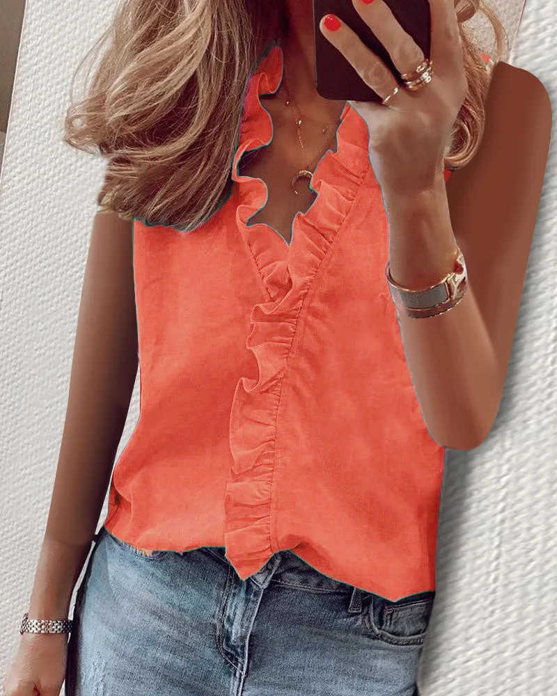 Ruffle V Neck Sleeveless Blouse