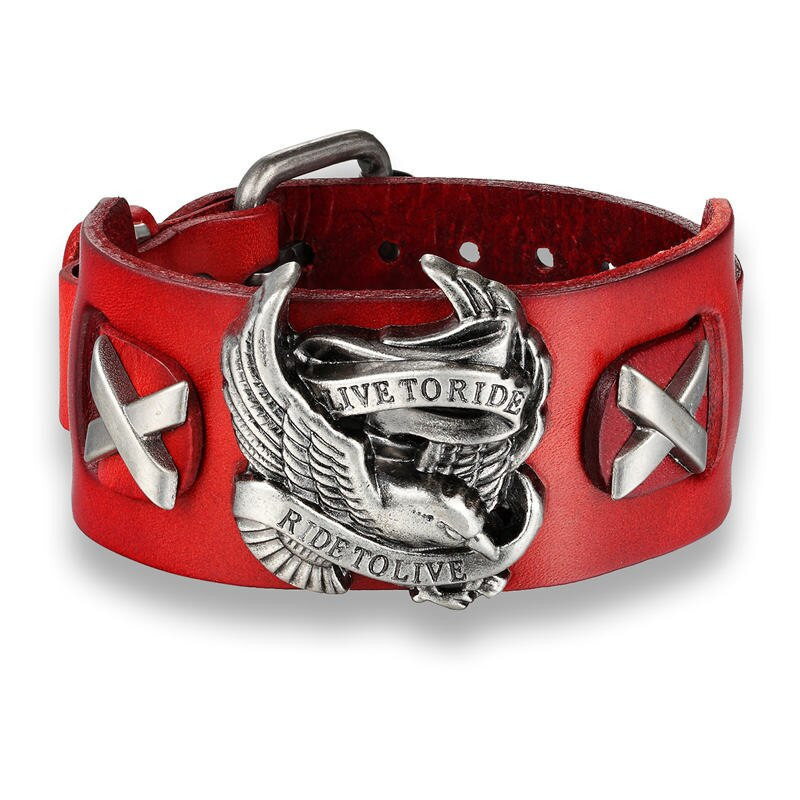 Badass Live To Ride Biker Leather Bracelet With Free Skull Band Ring Bundle