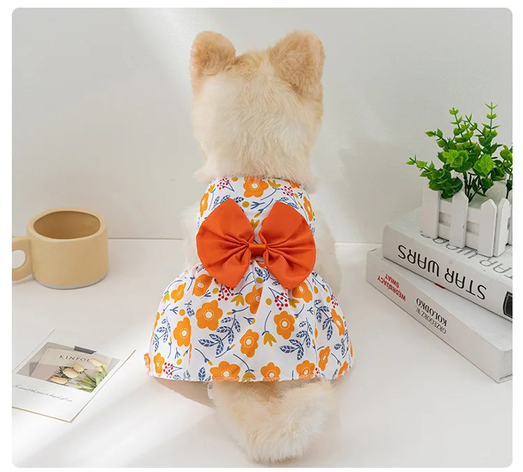 Dog Princess Dress Print Summer With Bowknot Button Sweet Cute Puppy Cat Skirt Thin Pets Wedding Party Chihuahua Clothes