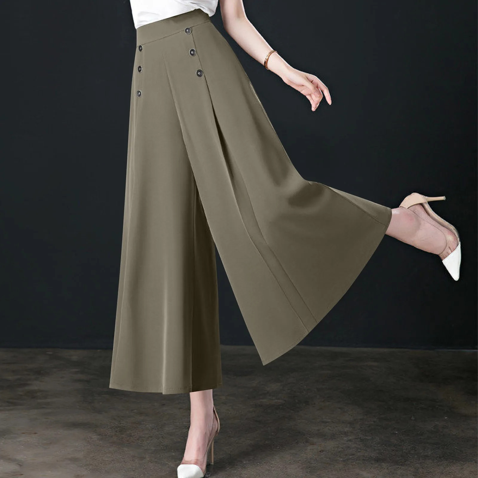 High Waisted Decorative Button Side Pocket Palazzo Wide Leg Work Pants