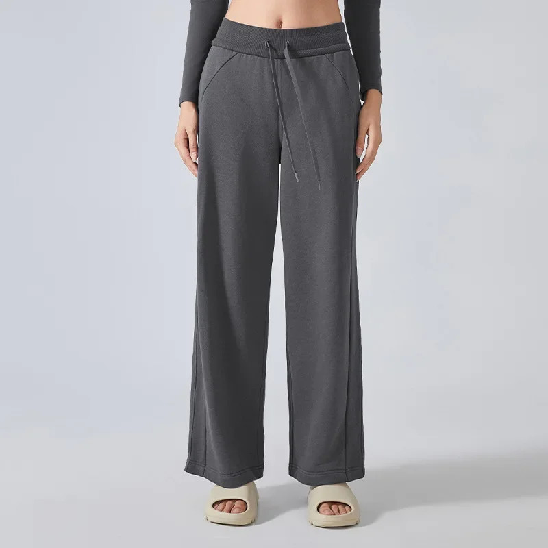 High Waisted Drawstring Side Pocket Waffle Wide Leg Casual Pants
