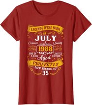 35th Birthday Gift 35 Years Old Legends Born July 1988 T-Shirt