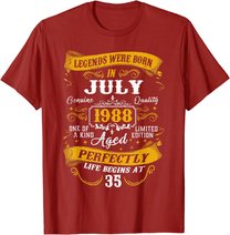 35th Birthday Gift 35 Years Old Legends Born July 1988 T-Shirt