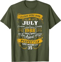 35th Birthday Gift 35 Years Old Legends Born July 1988 T-Shirt