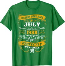 35th Birthday Gift 35 Years Old Legends Born July 1988 T-Shirt