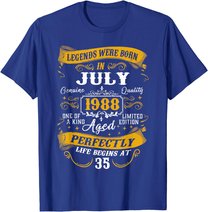 35th Birthday Gift 35 Years Old Legends Born July 1988 T-Shirt