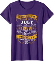 35th Birthday Gift 35 Years Old Legends Born July 1988 T-Shirt