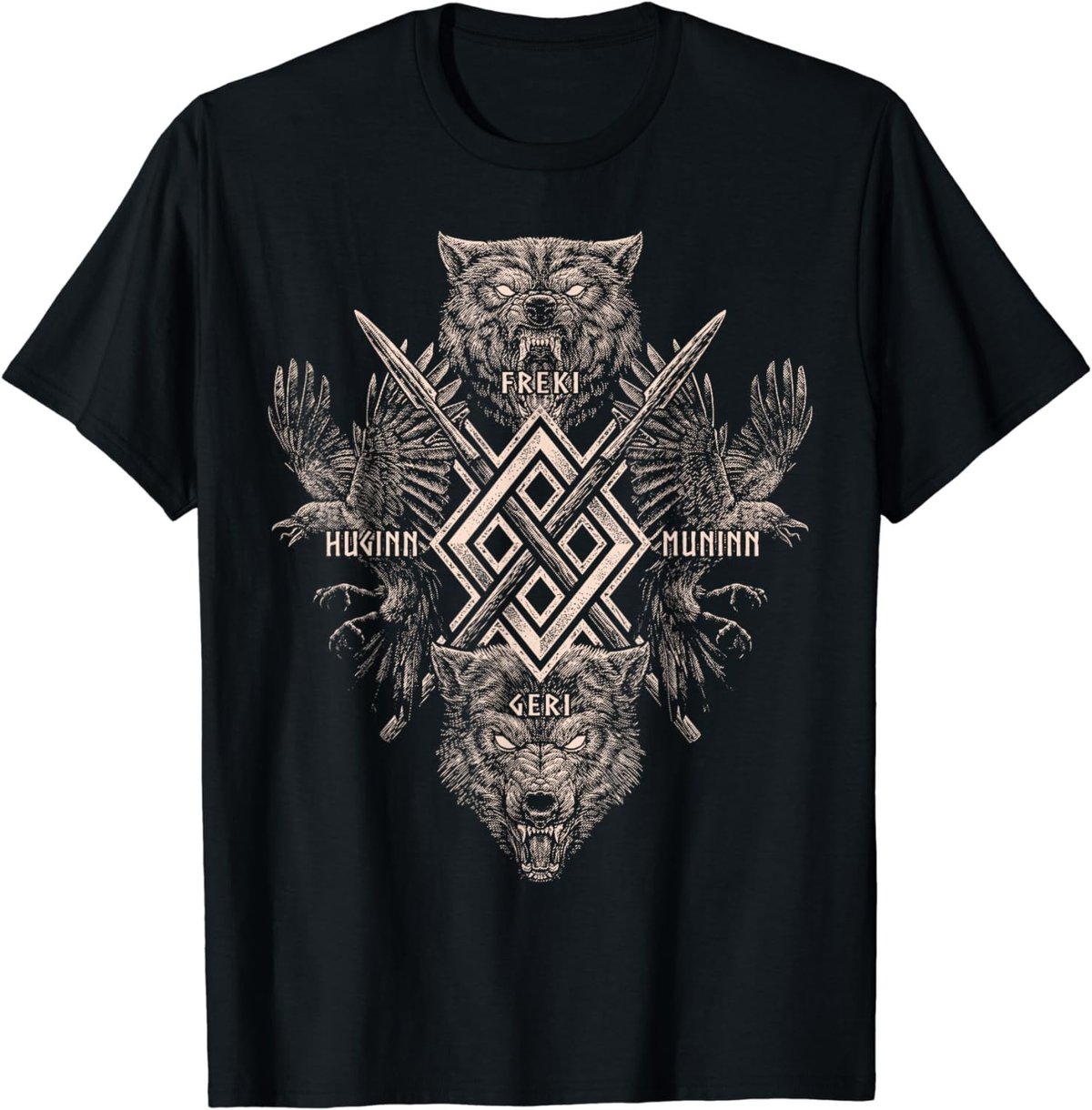 Viking Wolf Raven of Odin with Norse Pagan Symbols T-Shirt