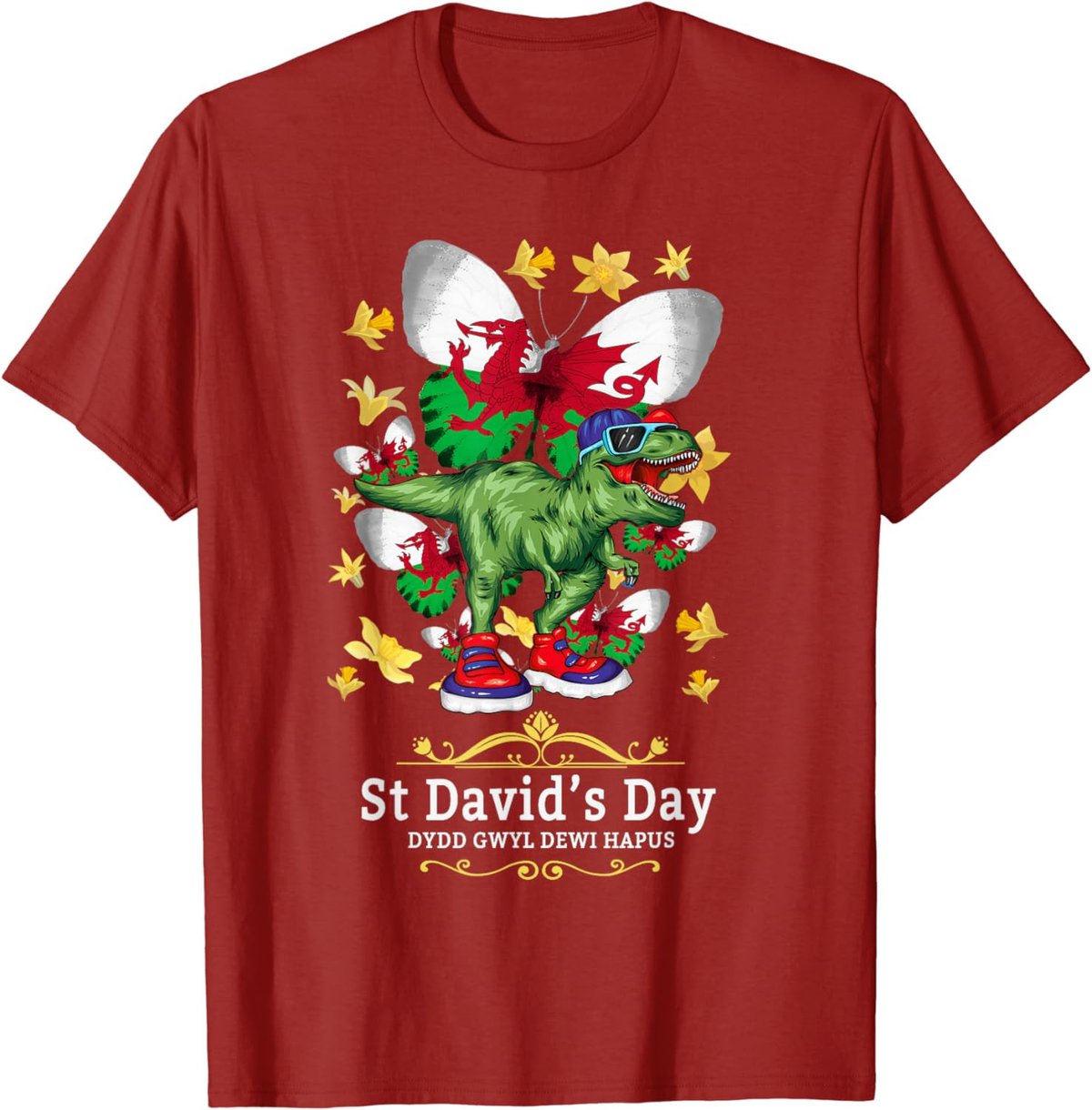 St Davids Day Outfit Kids & Dinosaur Welsh Flag Daffodils T-Shirt