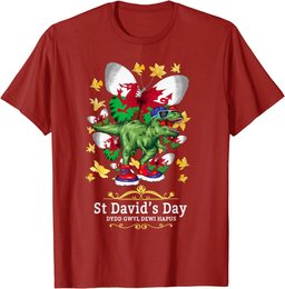 St Davids Day Outfit Kids & Dinosaur Welsh Flag Daffodils T-Shirt