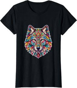 Mystical Mandala Wolf Head Vibrant Geometric and Floral T-Shirt