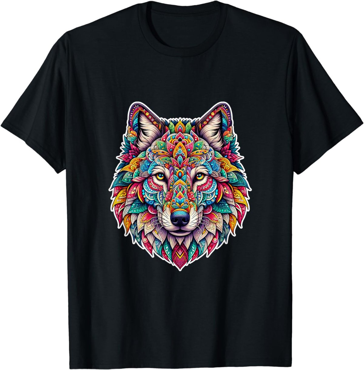 Mystical Mandala Wolf Head Vibrant Geometric and Floral T-Shirt