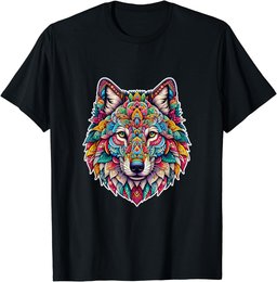 Mystical Mandala Wolf Head Vibrant Geometric and Floral T-Shirt
