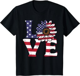 Love Sunflower American Flag Patriot 4th Of July Women Girls T-Shirt