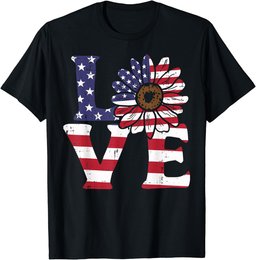 Love Sunflower American Flag Patriot 4th Of July Women Girls T-Shirt