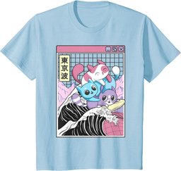 Playing Cats Surfing Kanagawa Wave Kawaii Anime Vaporwave T-Shirt