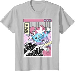 Playing Cats Surfing Kanagawa Wave Kawaii Anime Vaporwave T-Shirt