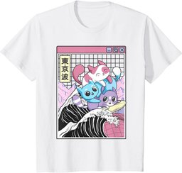 Playing Cats Surfing Kanagawa Wave Kawaii Anime Vaporwave T-Shirt