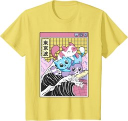 Playing Cats Surfing Kanagawa Wave Kawaii Anime Vaporwave T-Shirt