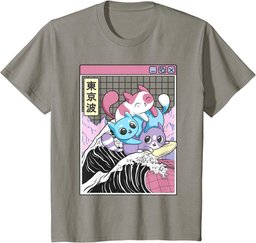 Playing Cats Surfing Kanagawa Wave Kawaii Anime Vaporwave T-Shirt