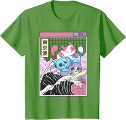 Playing Cats Surfing Kanagawa Wave Kawaii Anime Vaporwave T-Shirt