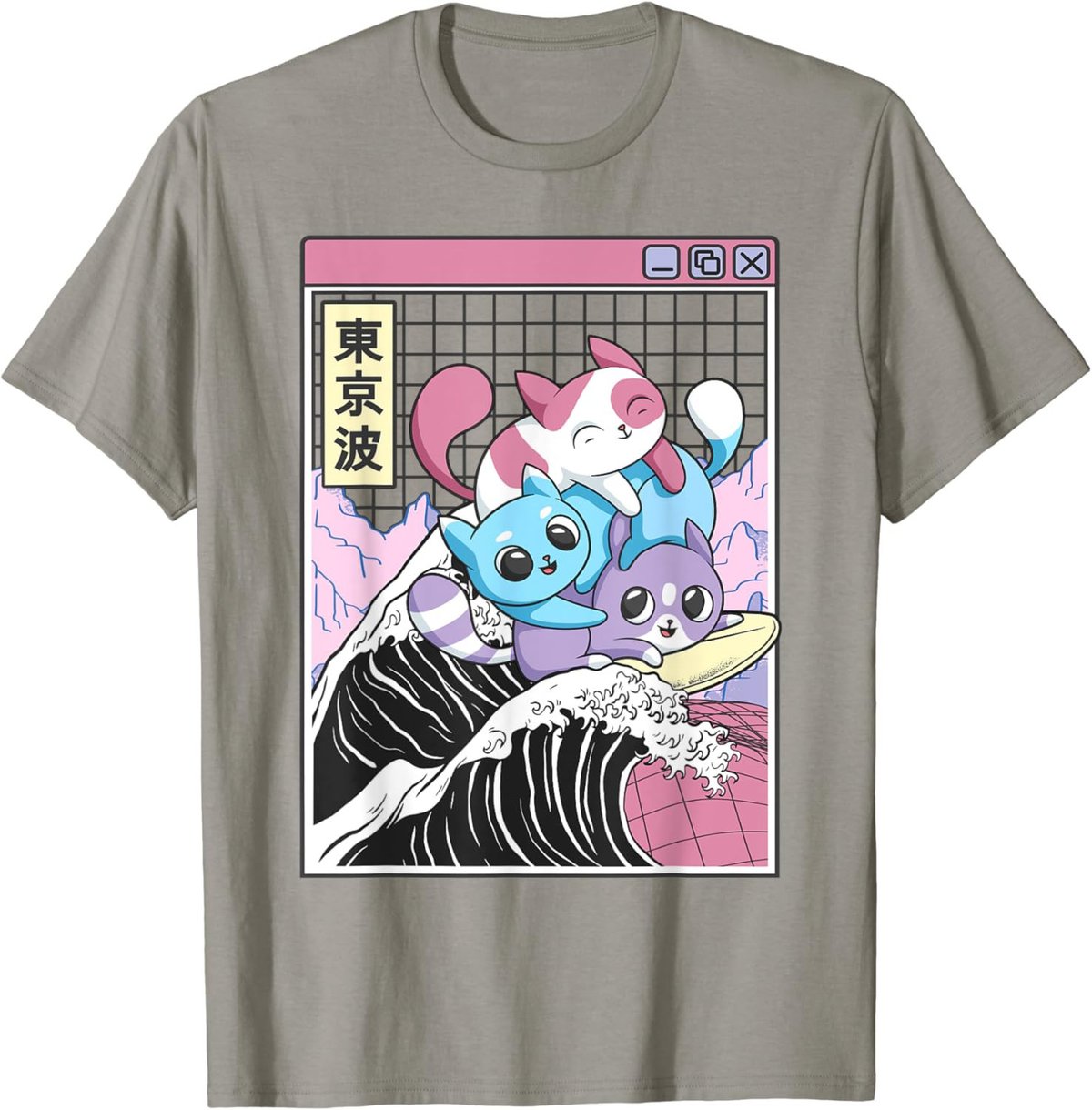 Playing Cats Surfing Kanagawa Wave Kawaii Anime Vaporwave T-Shirt