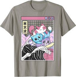 Playing Cats Surfing Kanagawa Wave Kawaii Anime Vaporwave T-Shirt