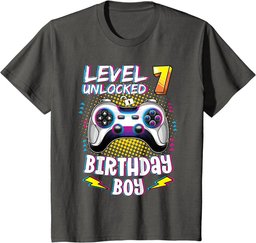 Youth 7 Years Old Birthday Level 7 Unlocked Gamer 7th Birthday Boy T-Shirt
