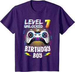 Youth 7 Years Old Birthday Level 7 Unlocked Gamer 7th Birthday Boy T-Shirt
