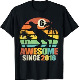 6 Years Old Boy 6th Birthday Dinosaur Awesome Since 2016 T-Shirt