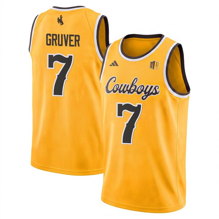Kelan Gruver #7 Wyoming Cowboys Basketball Yellow Jersey - All Stitched