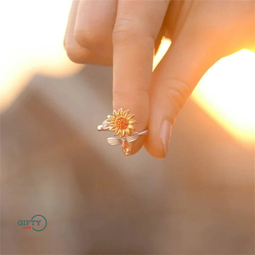Chunky Silver Plated Spinning Fidget Rings for Women Cubic Zirconia Sunflower Bee Anxiety Ring Anti-stress Rotating Jewelry Gift