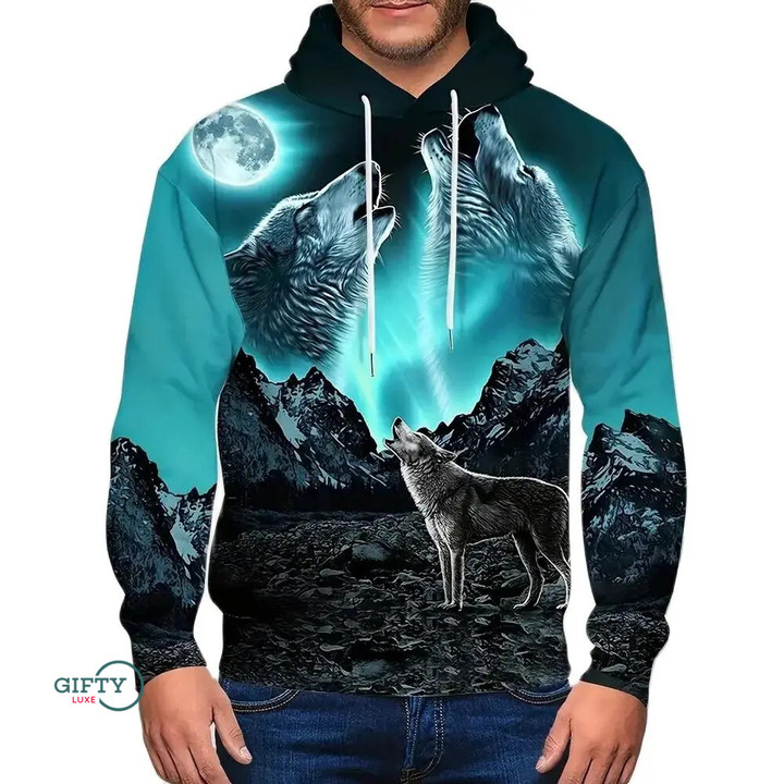 Men‘s Hoodie 3d Wolf Harajuku Print Top Men's Hooded Sweatshirt Oversized Vintage Male Clothing Fall Long Sleeve pullover