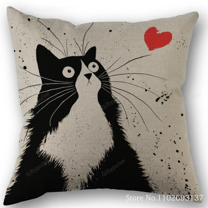 Cute Black And White Cat Printing Cotton Pillow Cover