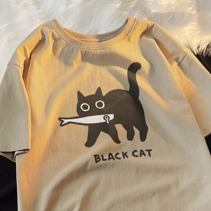 Japanese cartoon fun funny fish black cat short-sleeved men and women loose cute couple outfit all-match niche half-sleeved top