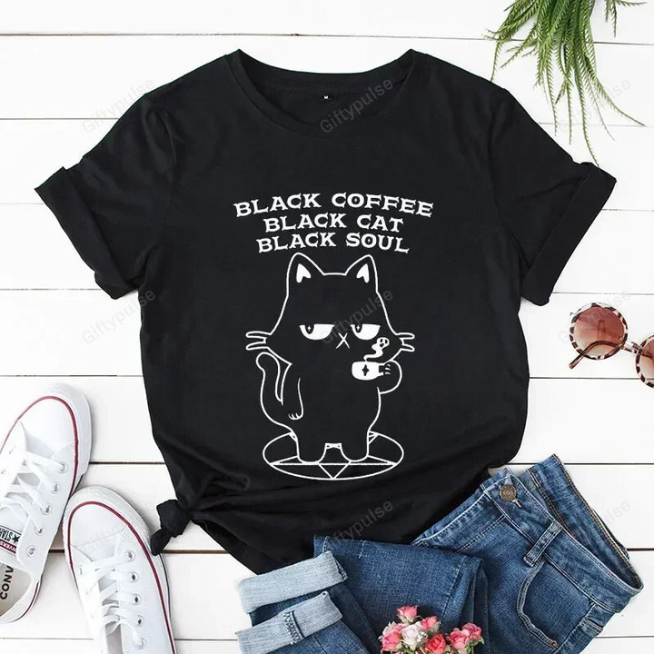 Black Cat Black Soul Clothes Women Tee Top Tshirt Fashion cotton Summer Casual Trend Lady Clothing Cartoon Graphic T-shirt