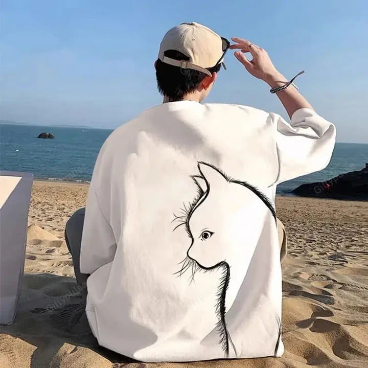 Summer T-Shirt Men Oversized Cartoon Cat Print Tees High Street Unisex Top T Shirts Loose Cotton T-Shirt Men Daily Clothing 8XL