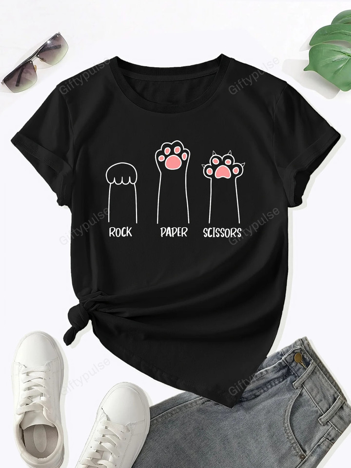Paw Print Crew Neck T-Shirt, Casual Short Sleeve T-Shirt For Spring & Summer, Women's Clothing