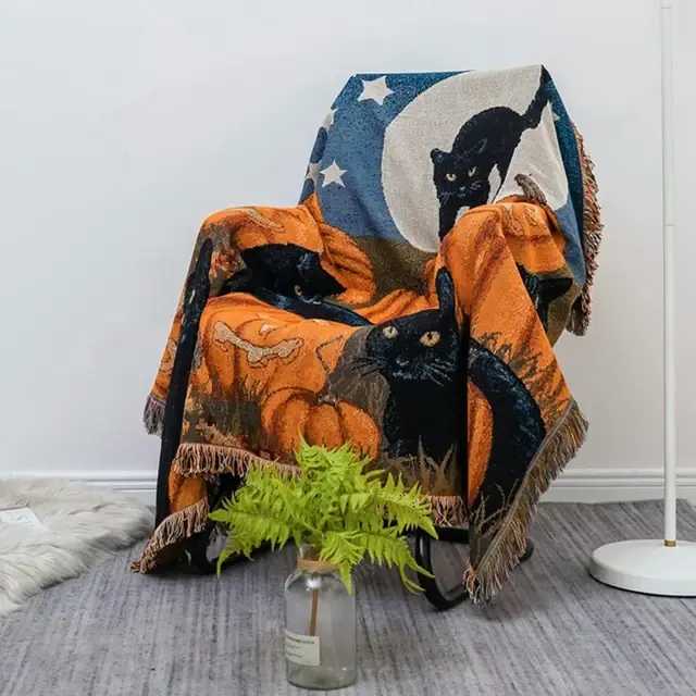Halloween Black Cat Knitted Blanket For Beds Sofa Towel Full Cover Sofa Blankets Autumn Winter Picnic Mat Throw Tapestry Tassel