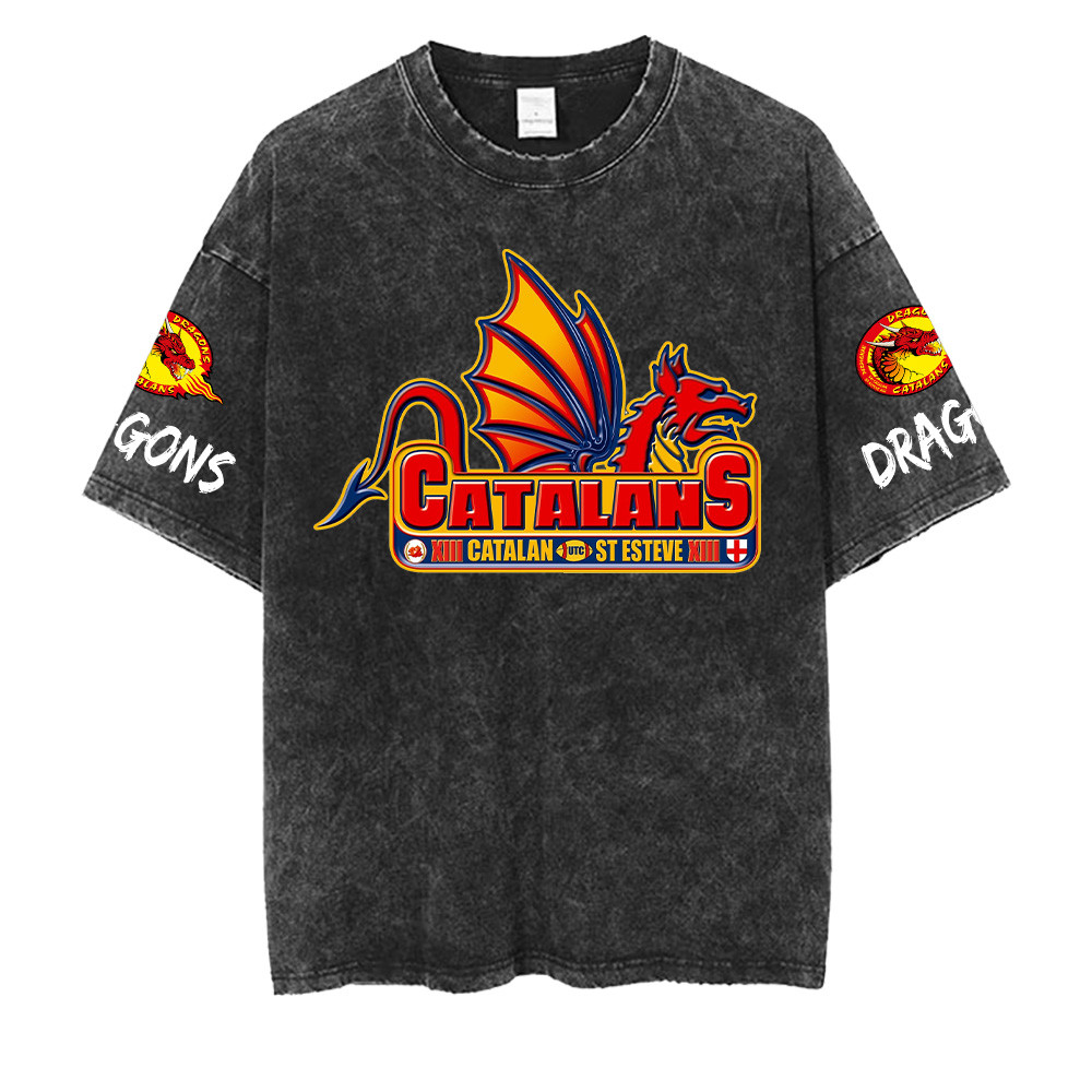 Catalans Dragons Super League Washed Retro Logo Design Shirts