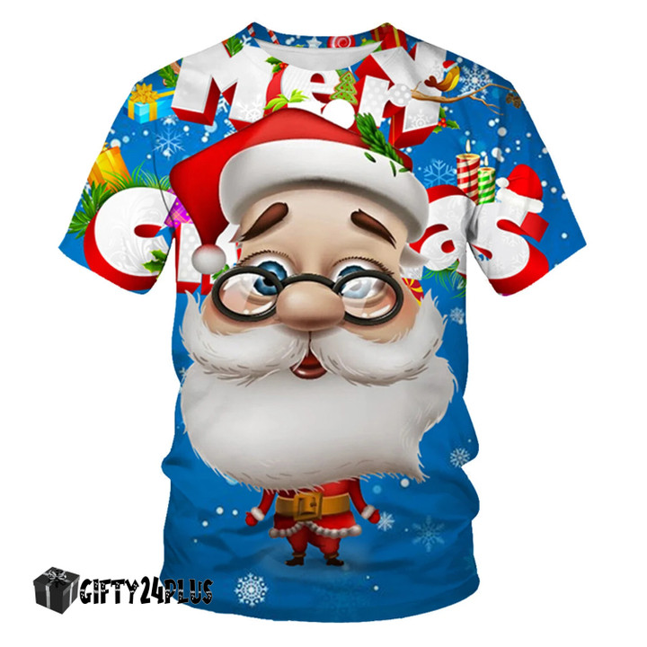 German shepherd and Santa Claus Christmas Tree Snowman Print Holiday Party Men's Neutral Fashion T-shirt Children's Round Neck Casual Short-Sleeved