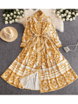Women’s Red Blue & White Porcelain Print Maxi Dress - Belted Lace-Up Stand Collar Holiday Robe