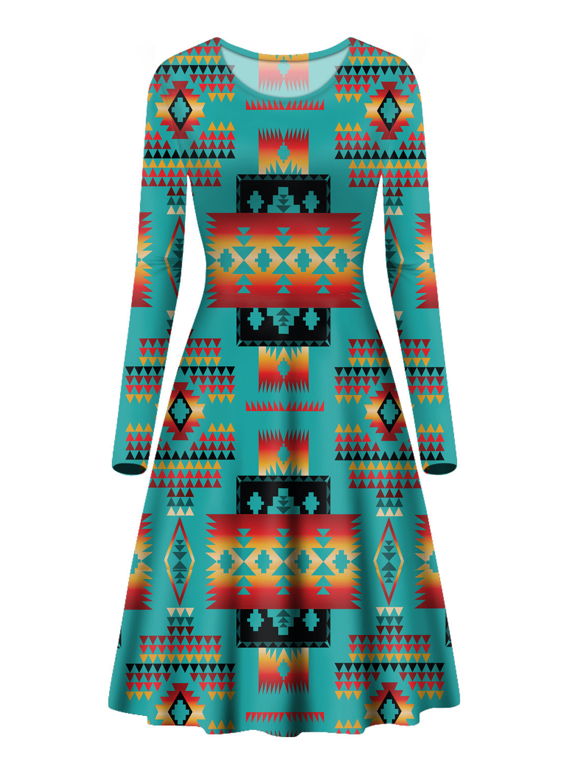 GB-NAT00046-01 Blue Native Pattern Native Long Sleeve Dress - bestofnative