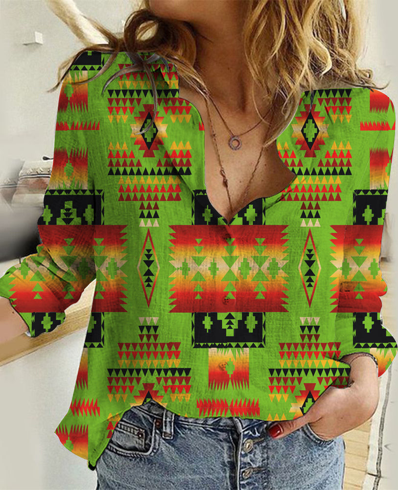 GB-NAT00302-06 Green Tribes Pattern Native American Linen Shirts ...