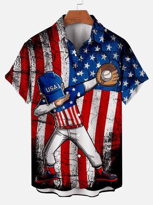 Baseball LOGO Print Creative Design Striped Hawaiian Shirt