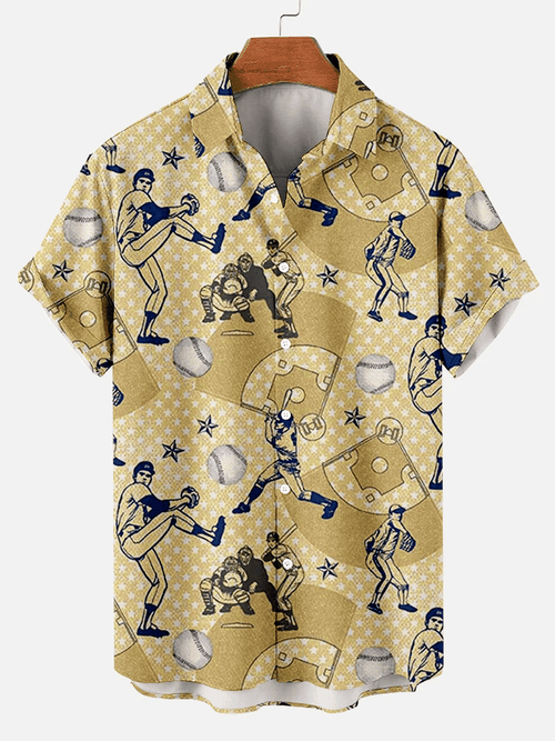 Classic Retro Baseball Pattern Print Hawaiian Shirt